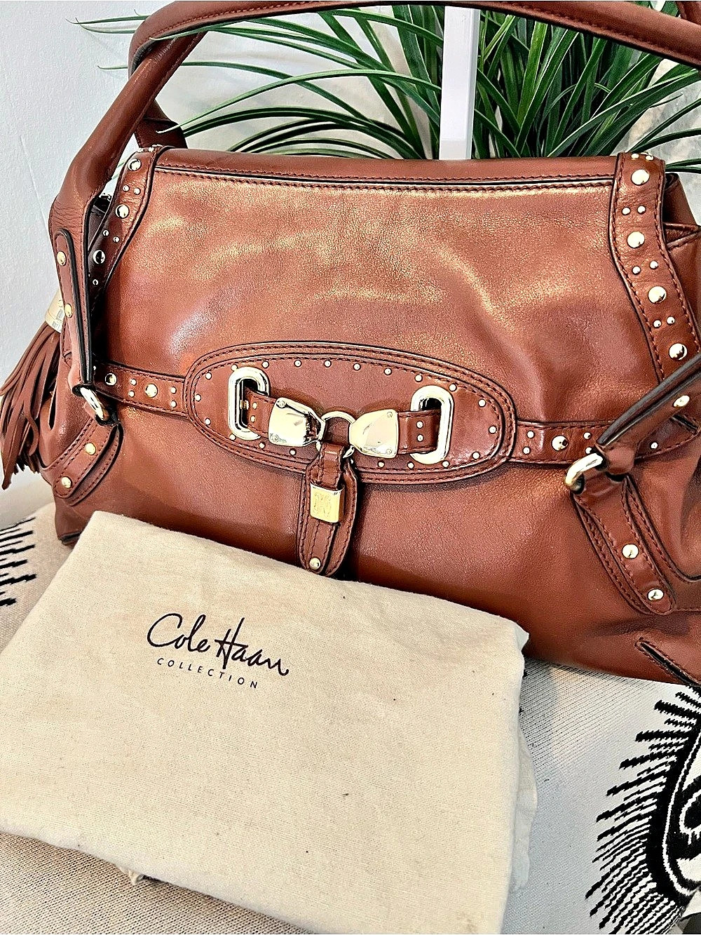 Cole Haan Stephanie Studded Leather Shoulder Bag Brown